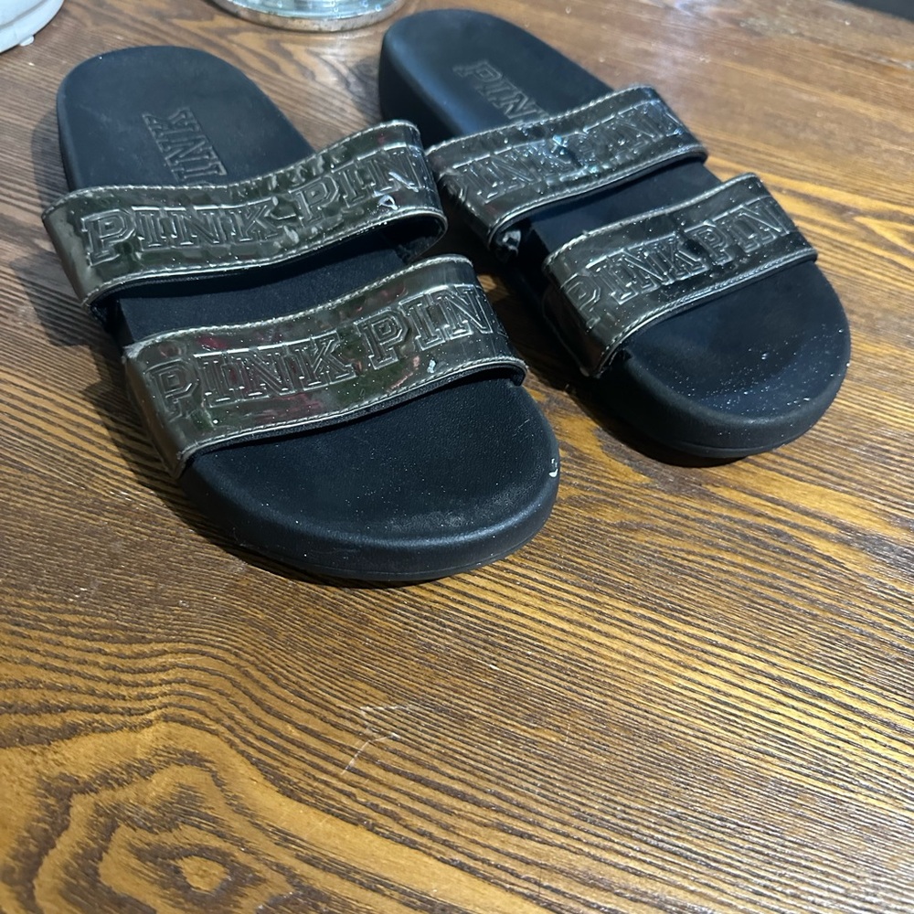 PINK Victoria's Secret Women’s Slide Sandals - Black and Silver